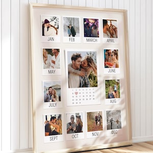 Cadeau d'anniversaire de 1 an pour petit ami, collage de photos personnalisé, calendrier mensuel, cadeau d'anniversaire de 2 ans imprimable, art mural personnalisé