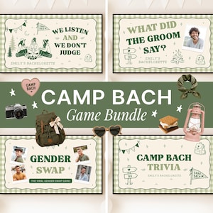 May include: A Camp Bach game bundle featuring four rectangular cards with green text and illustrations of camping gear. The cards include text such as We Listen And We Don't Judge, What Did The Groom Say, Gender Swap, and Camp Bach Trivia with photos.