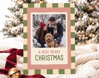 Newlywed Christmas Card Template First Christmas Trendy Card Pink and Green Holiday Card Instant Download Christmas Card Picture Template