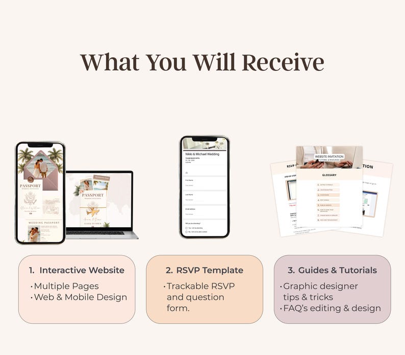 May include: An image showcasing digital wedding planning resources. It features a smartphone, laptop, and printed guides. The text reads "What You Will Receive," highlighting an interactive website, RSVP template, and guides & tutorials for wedding planning.