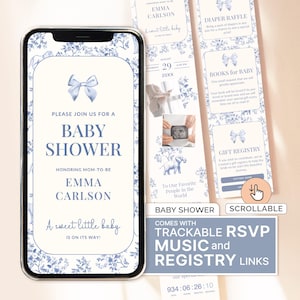 Invitación para baby shower con estampado floral azul de TOILE Invitación con estampado de animales de Evite Toile Invitación elegante para baby shower Invitación de seguimiento de RSVP Toile de Jouy