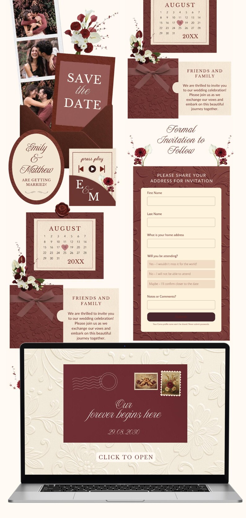 Burgundy Wedding Website Invitation Merlot Floral Save the Date Template