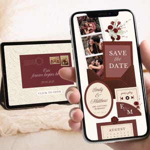 Burgundy Wedding Website Invitation Merlot Floral Save the Date Template