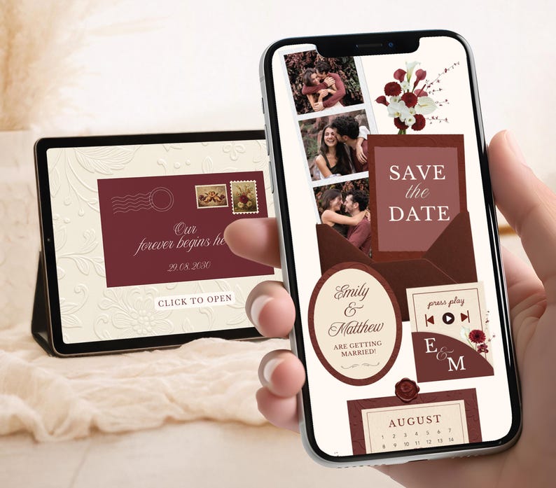 Burgundy Wedding Website Invitation Merlot Floral Save the Date Template