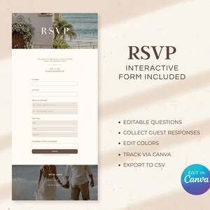 May include: A digital RSVP form template with a beach scene background. The form includes fields for name, meal choice, and allergies. Text includes "RSVP", "Interactive Form Included", and "Edit in Canva".
