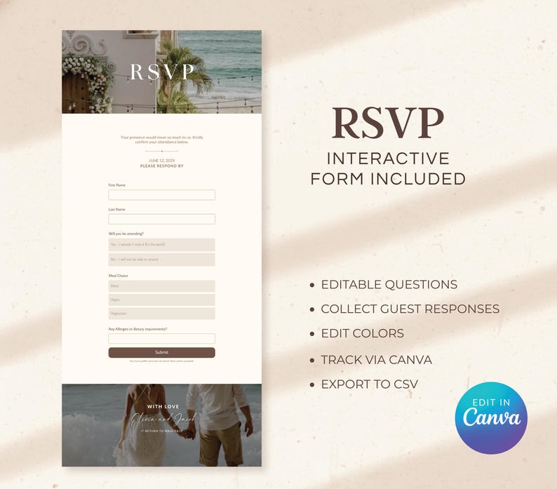 May include: A digital RSVP form template with a beach scene background. The form includes fields for name, meal choice, and allergies. Text includes "RSVP", "Interactive Form Included", and "Edit in Canva".