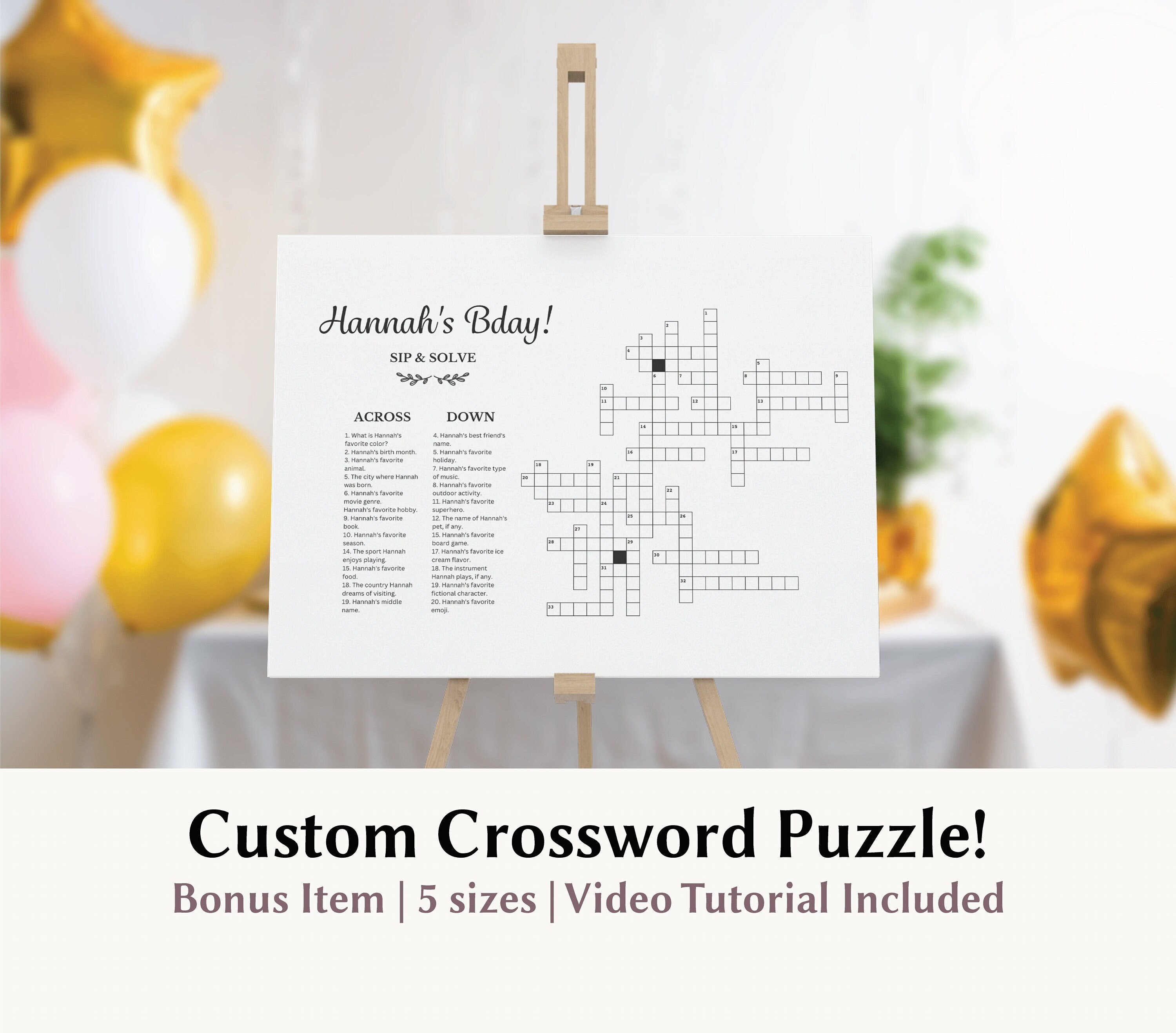 Custom Birthday Crossword Puzzle Template Birthday Party Game - Etsy