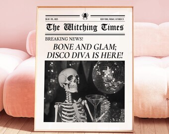 Halloween Skeleton Disco Print: Spooky Party Newspaper Poster (Digital Download)