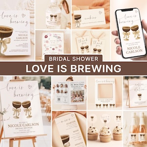 Lot de douche nuptiale Love Is Brewing sur le thème du café, ensemble de décorations pour la douche nuptiale, lot de douche nuptiale avec jeu, invitation modifiable