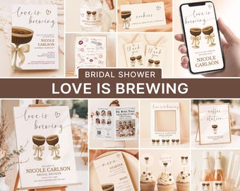 Love Is Brewing Bridal Shower Bundle Coffee Theme Bridal Shower Decor Set Bridal Shower Bundle with Game Bridal Shower Party Editable Invite
