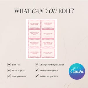 May include: A light beige graphic design with the text "WHAT CAN YOU EDIT?" and a set of pink cards with questions. The image also includes checkmarks next to editing options and a blue circle with the text "EDIT IN Canva."