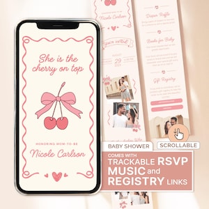 Ela é a CEREJA NO TOPO Convite para chá de bebê Cereja Convite para chá de bebê Coquete Laço rosa Chá de bebê Convite digital personalizado Cereja