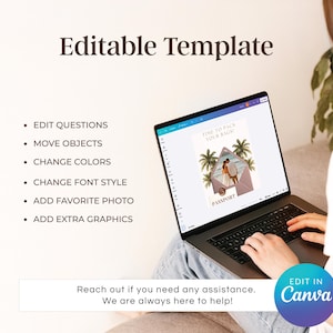 May include: A laptop displaying a travel-themed template with the text "Time to Pack Your Bags!" and "Passport." The screen shows a couple in an envelope with palm trees. The laptop is open, and the text "Editable Template" is at the top.