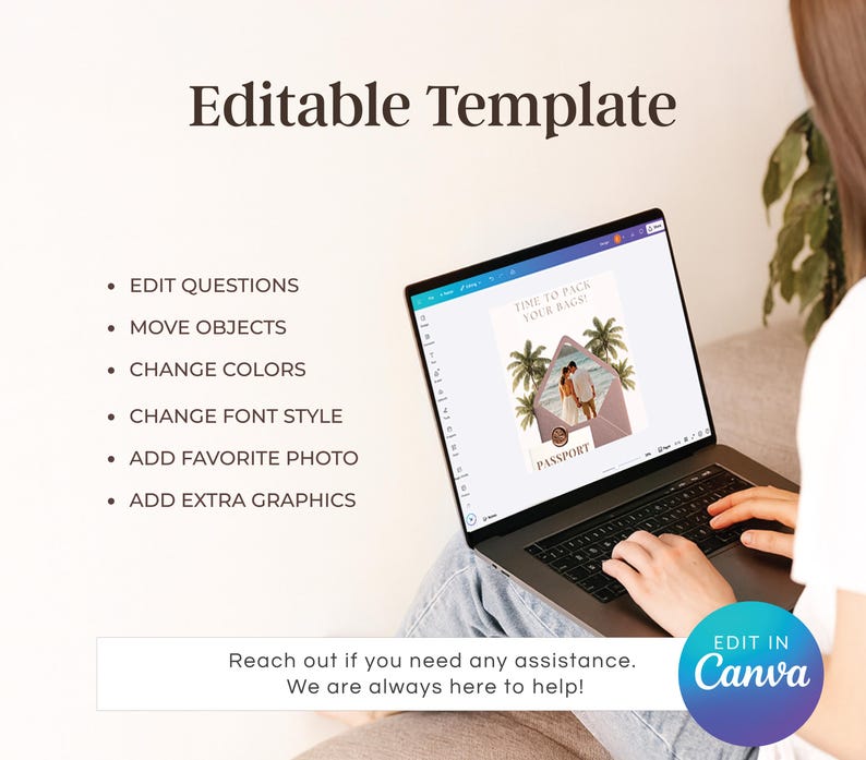 May include: A laptop displaying a travel-themed template with the text "Time to Pack Your Bags!" and "Passport." The screen shows a couple in an envelope with palm trees. The laptop is open, and the text "Editable Template" is at the top.