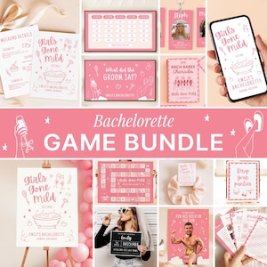 Könnte beinhalten: Ein Bachelorette-Party-Spielset mit rosa und weiß bedruckten Karten, Schildern und digitalen Grafiken. Die Artikel umfassen Spielbögen, Reiseplankarten und Beschilderungen mit Texten wie Girls Gone Mild, What did the Groom Say und Bach Babes Charades.