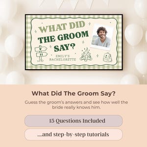 K&ouml;nnte beinhalten: Ein rechteckiges Spielschild mit hellgr&uuml;nem Vichy-Karo-Rand und dem Text WHAT DID THE GROOM SAY? EMILY'S BACHELORETTE. Es enth&auml;lt ein Foto eines Mannes, eine Lagerfeuer-Illustration, einen Rucksack und ein Wegweiser-Schild mit Herz-Symbol.