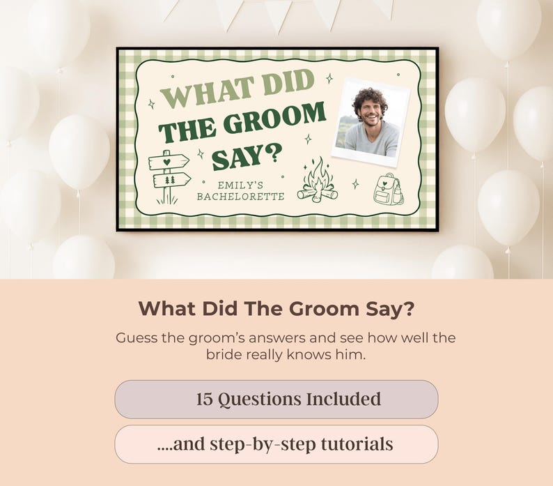 K&ouml;nnte beinhalten: Ein rechteckiges Spielschild mit hellgr&uuml;nem Vichy-Karo-Rand und dem Text WHAT DID THE GROOM SAY? EMILY'S BACHELORETTE. Es enth&auml;lt ein Foto eines Mannes, eine Lagerfeuer-Illustration, einen Rucksack und ein Wegweiser-Schild mit Herz-Symbol.