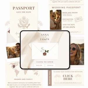 Può includere: Set di partecipazioni di nozze a tema passaporto. Include una carta "Save the Date" a forma di passaporto, un "Passaporto di nozze" con foto della coppia e un invito con sigillo di cera. Il design utilizza una palette di colori neutri con testo in inglese.