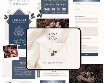 Modelo de site de casamento com tema de passaporte da Marinha, convite digital para casamento em destino paradisíaco com confirmação de presença rastreável, site de convites com tema de passaporte para casamento e viagens pelos EUA.