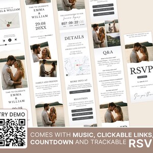 Może przedstawiać: Szablon zaproszenia ślubnego z zegarem odliczającym, przyciskiem RSVP i kodem QR. Szablon zawiera zdjęcie pary, datę ślubu i miejsce ceremonii. Tekst "Comes with music, clickable links, countdown and trackable RSVP" znajduje się na dole obrazu.