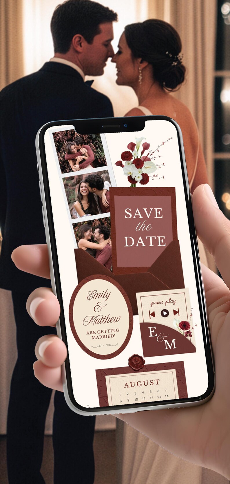 Maroon Digital Save the Date Wedding Elegant Wedding Announcement