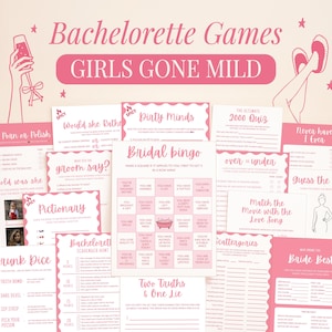 Op de afbeelding: Een verzameling roze en witte vrijgezellenfeestspellen, waaronder "Bridal Bingo", "Dirty Minds" en "Two Truths & One Lie". De zin "Girls Gone Mild" staat in roze script. De afbeelding bevat illustraties van een champagneglas en benen.