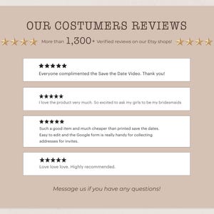 a collection of customer reviews for a product, specifically a Save the Date video. The reviews are positive and praise the product for being very much enjoyed by the girls who have been recommended it to be bridesmaids. The reviews also mention that the product is much cheaper than printed save the dates, and the Google Form is easily accessible for collecting addresses for invitations. The overall sentiment of the reviews is positive, with many stars indicating customer satisfaction.