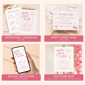 May include: A collection of pink and white bachelorette party supplies. Includes a schedule, a game card, a digital invitation on a phone, and a welcome sign. The theme is "Girls Gone Mild" with illustrations of a bathtub, champagne glasses, and other party elements.