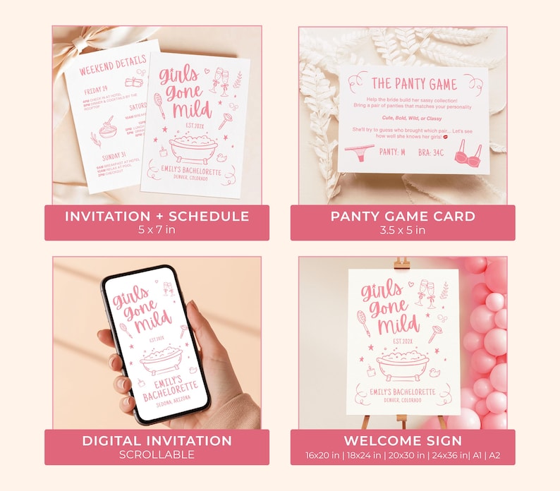 May include: A collection of pink and white bachelorette party supplies. Includes a schedule, a game card, a digital invitation on a phone, and a welcome sign. The theme is "Girls Gone Mild" with illustrations of a bathtub, champagne glasses, and other party elements.