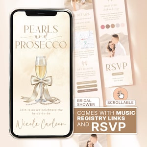 Modèle d'invitation nuptiale de douche perles et prosecco, thème perles et prosecco, invitation nuptiale de douche perle, toile perlée et prosecco invité Rsvp