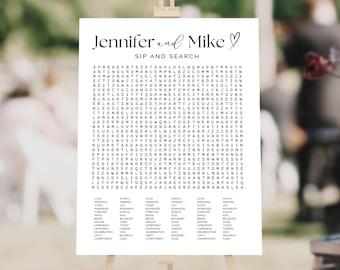 Op de afbeelding: Een wit trouwbord met de tekst Jennifer and Mike, een harticoon en de titel SIP AND SEARCH. Daaronder staat een woordzoeker met diverse letters en een lijst met woorden in het zwart die gerelateerd zijn aan een bruiloft.