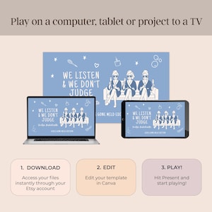 May include: A light blue digital template design with the text "WE LISTEN & WE DON'T JUDGE" displayed on a laptop, tablet, and background. The design includes illustrations of women and instructions for use.