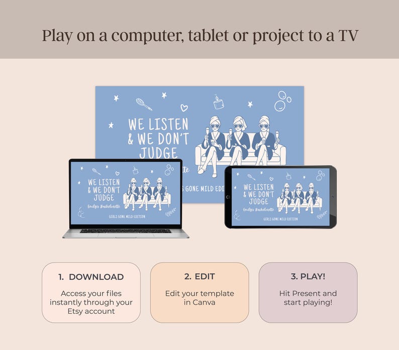May include: A light blue digital template design with the text "WE LISTEN & WE DON'T JUDGE" displayed on a laptop, tablet, and background. The design includes illustrations of women and instructions for use.