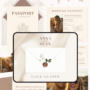 May include: Wedding invitation suite featuring a passport design with the text "PASSPORT" and "29 AUGUST, 202X". The suite includes an envelope with the names "ANNA and SEAN" and the text "CLICK TO OPEN". The suite also includes a "WEDDING PASSPORT" with the names of the bride and groom, destination, date, and time.