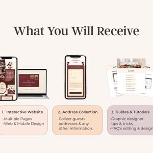 May include: An image showcasing wedding invitation services. The image displays a laptop, two smartphones, and printed guides. The text reads "What You Will Receive" and lists features like interactive websites, address collection, and guides.