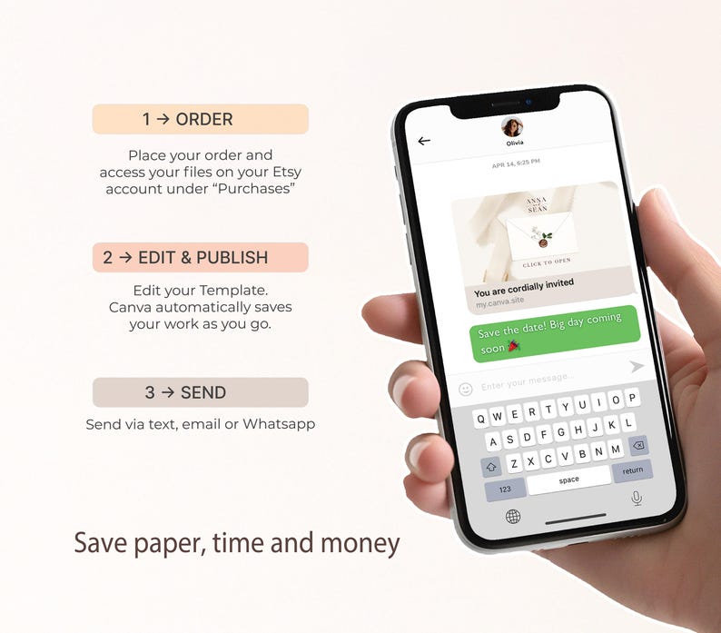 K&ouml;nnte beinhalten: Ein Smartphone zeigt eine digitale Einladung mit dem Text "Save the date! Big day coming soon." Das Bild zeigt auch Anweisungen: bestellen, bearbeiten und ver&ouml;ffentlichen sowie per SMS, E-Mail oder WhatsApp senden. Der Text "Save paper, time and money" steht unten.
