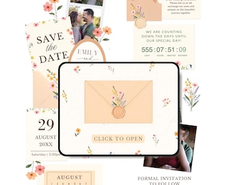 Modelo de site Save the Date com flores silvestres, convite digital com flores prensadas, anúncio de noivado com flores silvestres, site de casamento "Amor em Flor".
