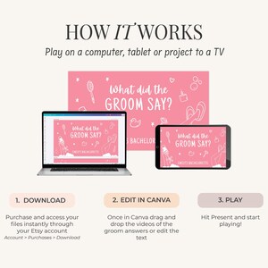 May include: A digital bachelorette party game displayed on a laptop, tablet, and a pink background. The game is titled "What did the Groom Say?" and includes instructions: Download, Edit in Canva, and Play. The game is designed to be played on a computer, tablet, or projected onto a TV.
