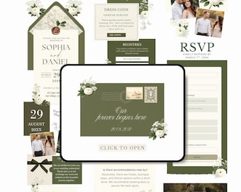 Modelo de site de casamento floral verde-oliva e branco com confirmação de presença. Convite de casamento verde-sálvia editável no Canva.