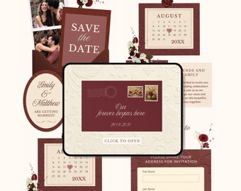 Convite de casamento Borgonha para site, modelo Save the Date floral Merlot, modelo Save the Date digital em tom bordô, anúncio de casamento elegante.