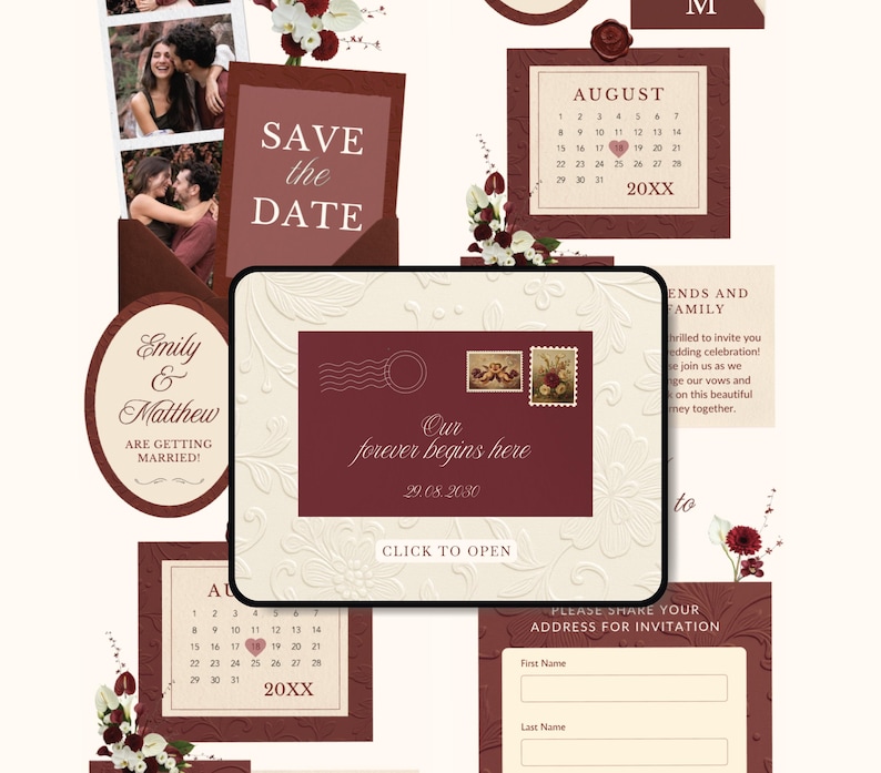 Maroon Digital Save the Date Wedding Elegant Wedding Announcement