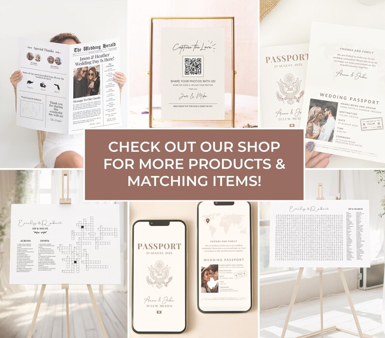 May include: A collection of wedding-themed stationery and decor items. Includes a newspaper, framed sign with a QR code, passport-style cards, and a crossword puzzle. The items feature elegant fonts and a neutral color palette.