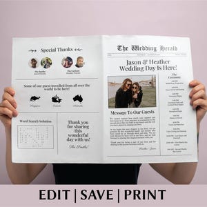 May include: A wedding program designed as a newspaper titled The Wedding Herald, featuring a photo of a couple, a ceremony schedule, a special thanks section with guest photos, map silhouettes, and a word search solution on white paper.