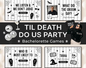 „Bis dass der Tod uns scheidet“-Party-Junggesellinnenabschiedsspiel-Canva-Vorlage Halloween-Junggesellinnenabschiedsspiel-Idee RIP Single-Leben-Junggesellinnenabschied Gothic-Partydeko