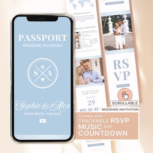 GRECIA Invito per matrimonio a destinazione Invito per matrimonio a Santorini Invito per matrimonio con passaporto azzurro chiaro Invito RSVP tracciabile Invito personalizzato Canva