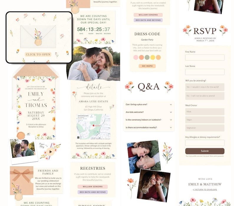 Pastel Floral Wedding Website RSVP Trackable Floral Wedding Template