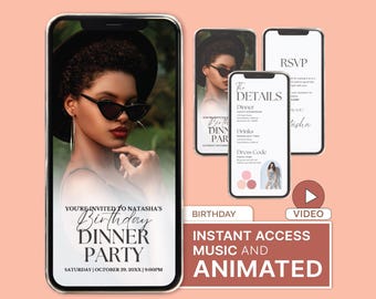 May include: A digital birthday dinner party invitation template displayed on multiple smartphone screens. The design features a person wearing sunglasses and a hat, with text reading You're Invited To Natasha's Birthday Dinner Party.