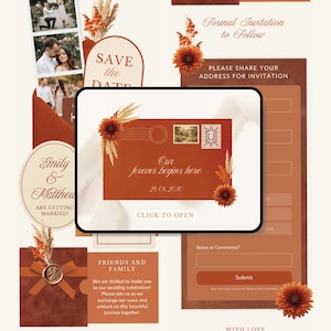Może przedstawiać: Zestaw papeterii ślubnej w odcieniach pomarańczu i brązu. Projekt obejmuje kartę Save the Date, zaproszenie i formularz RSVP. Zaproszenie zawiera projekt koperty z tekstem "Our forever begins here" i datą 29.08.2030.