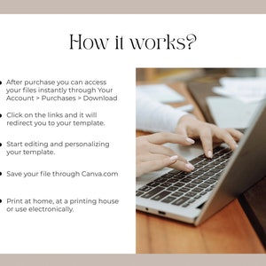 May include: A close-up of a person's hands typing on a laptop computer. The text on the screen reads "How it works?" and lists steps for accessing and editing digital files.