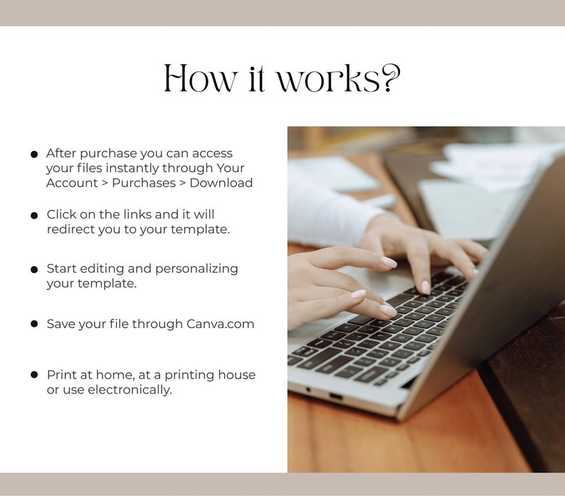 May include: A close-up of a person's hands typing on a laptop computer. The text on the screen reads "How it works?" and lists steps for accessing and editing digital files.